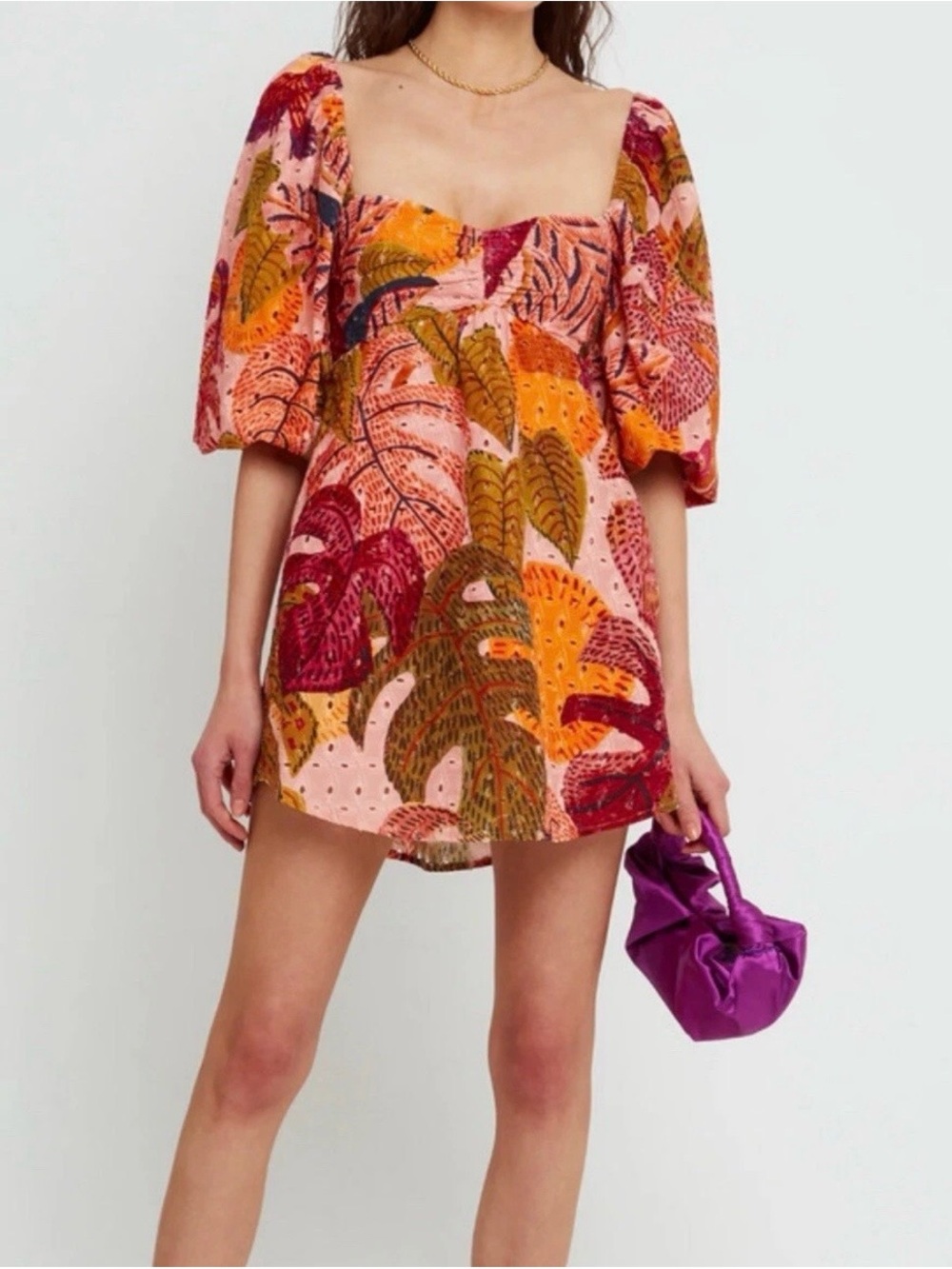 Kourt Robbie Eyelet Cotton Mini Dress Tropical Print Puffy Sleeves Size M